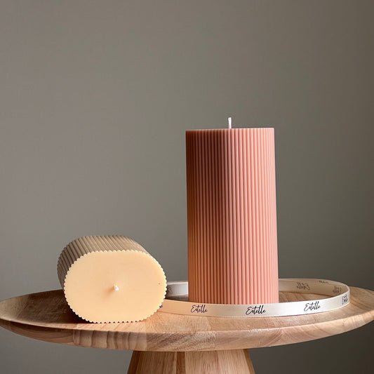 Handmade Ribbed Pillar Soy Wax Candle | Unscented Decorative Candle
