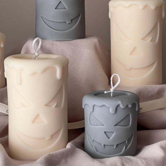 Scary Pumpkin Ghost Face Pillar Candle | Handmade Cool Gift | Soy Wax Candle| Sculptural Candle | Aesthetic Home Decoration| Halloween Gift