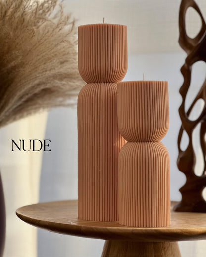 Ribbed Hourglass Soy Candle: Sculptural Striped Pillar, Minimalist Decor