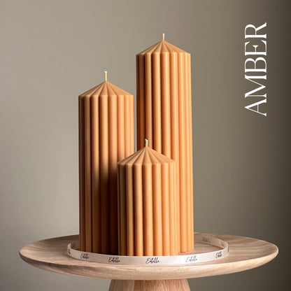 Huge Ribbed Peak Pillar Candle Trio