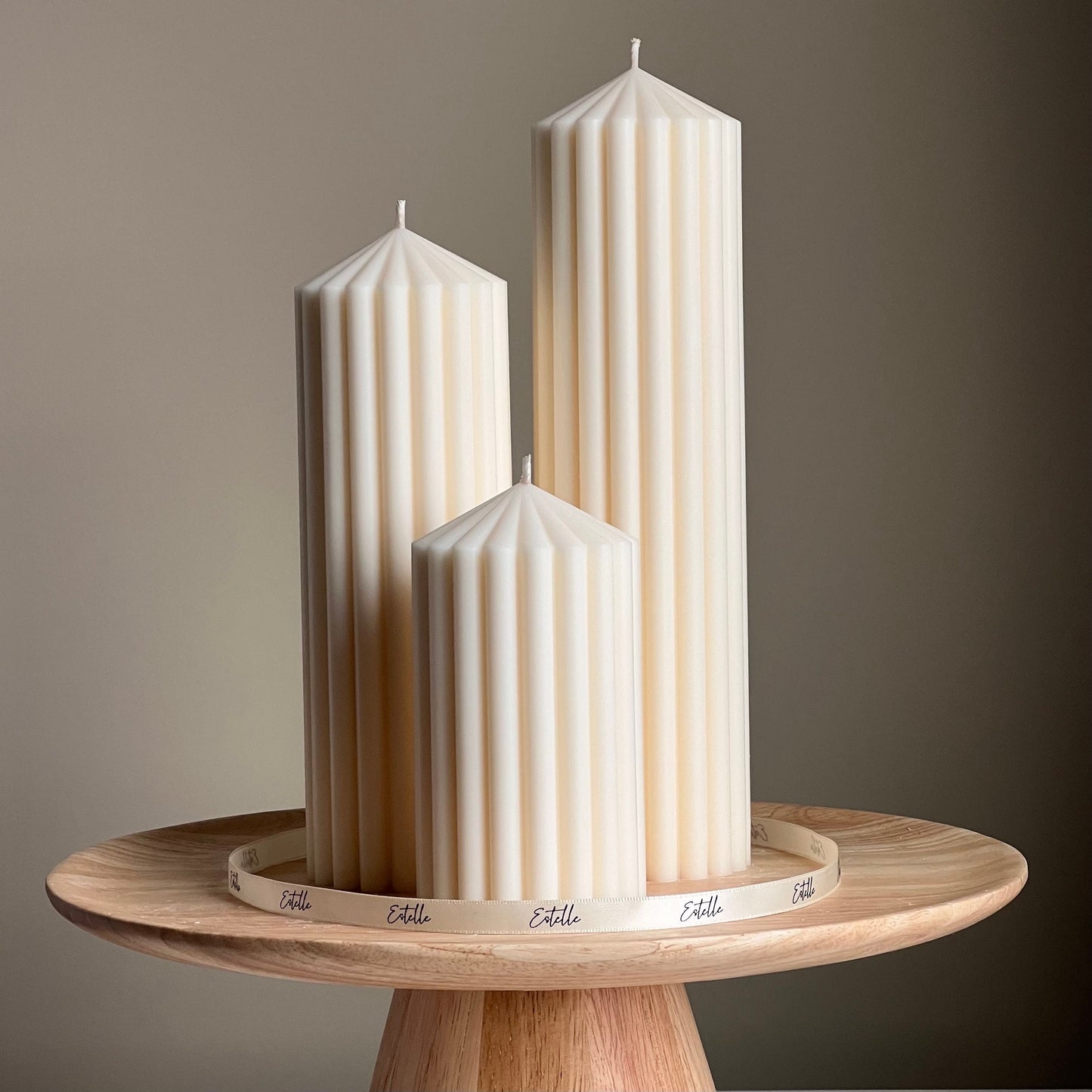 Huge Ribbed Peak Pillar Candle Trio