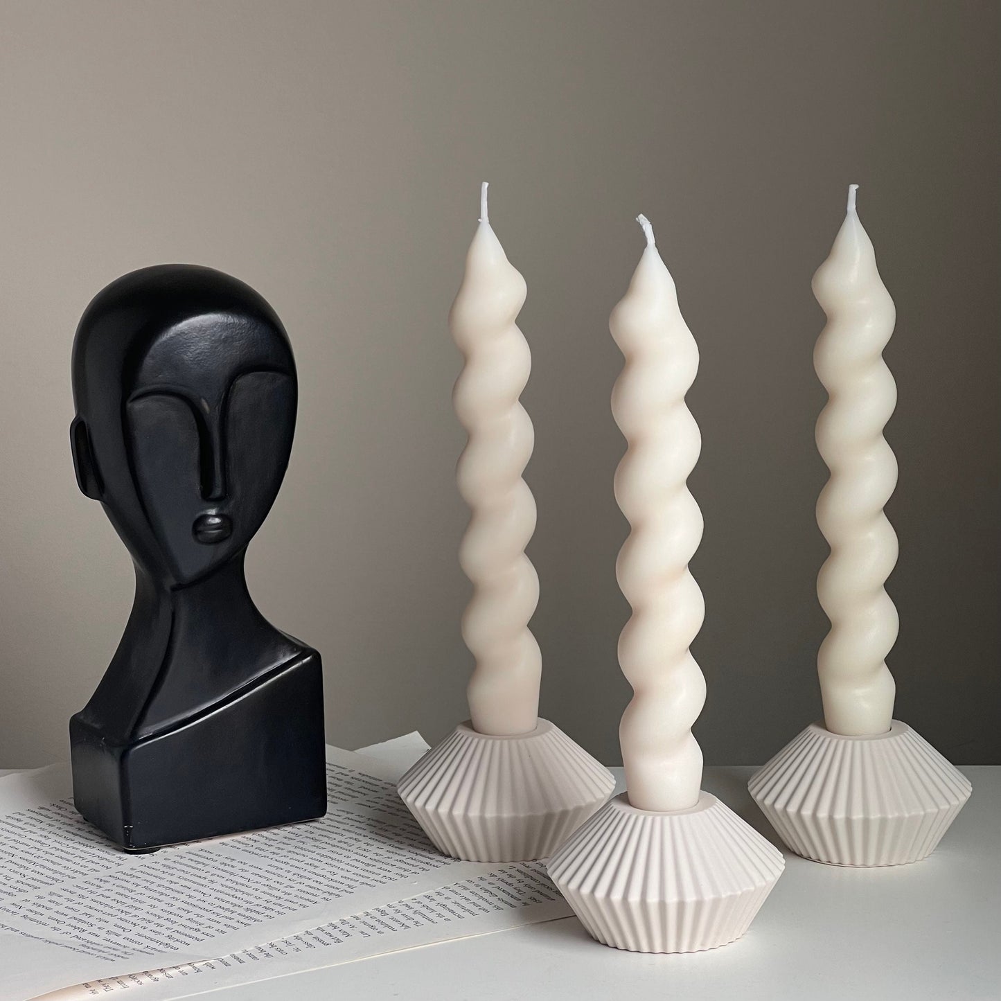 Ribbed Jesmonite Taper Candle Holder: Minimalist Table Decor