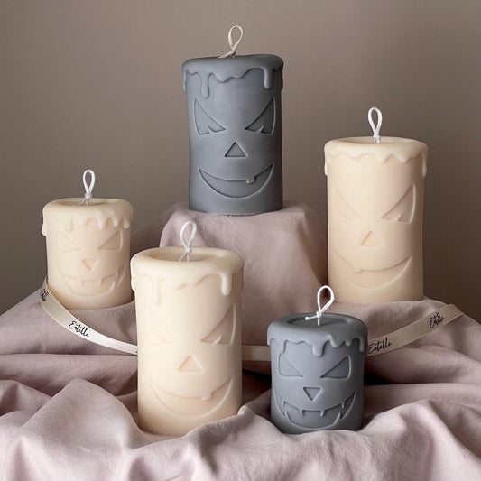 Scary Pumpkin Ghost Face Pillar Candle | Handmade Cool Gift | Soy Wax Candle| Sculptural Candle | Aesthetic Home Decoration| Halloween Gift