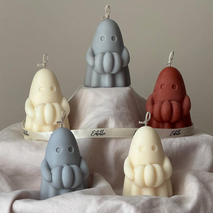 Handmade Spooky Holding Pumpkin Ghost Candle: Halloween Soy Wax Decor