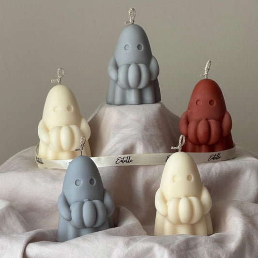 Handmade Spooky Holding Pumpkin Ghost Candle: Halloween Soy Wax Decor