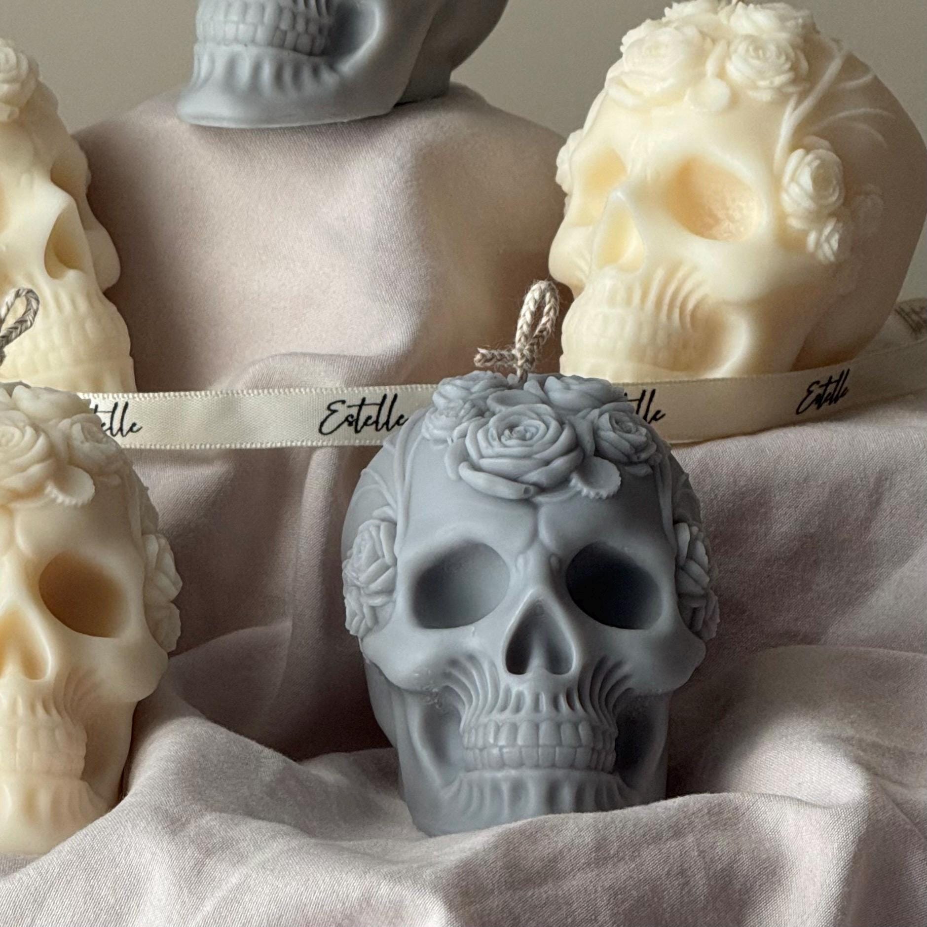 Handmade Halloween Flowers Skull Candle: Spooky Soy Wax Home Decor