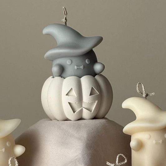 Halloween Ghosts Candle in Jesmonite Pumpkin: Hand-Poured Soy Wax Sculptural Candles