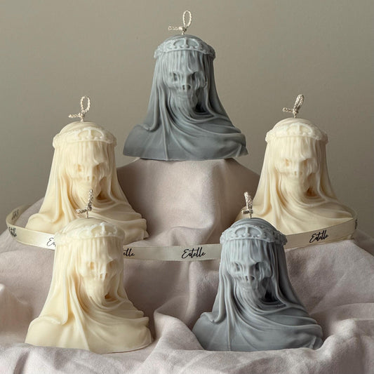 Handmade Halloween Vailed Lady Skull Candle: Spooky Soy Wax Home Decor