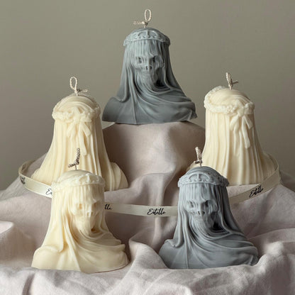 Handmade Halloween Vailed Lady Skull Candle: Spooky Soy Wax Home Decor