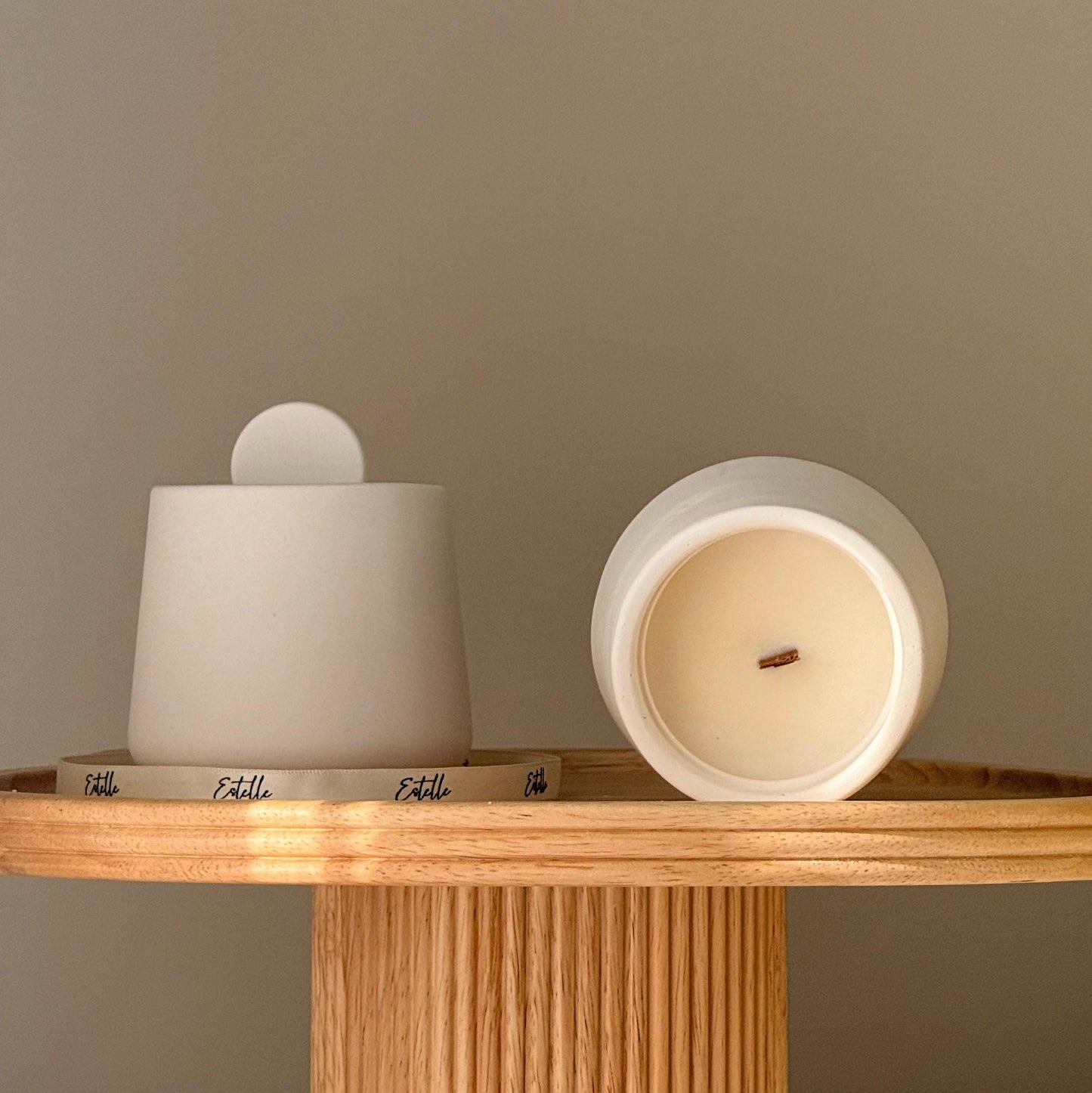 Geometric Soy Wax Candle with Lid Organic Jesmonite Vessel Scented Wood Wick Home Decor