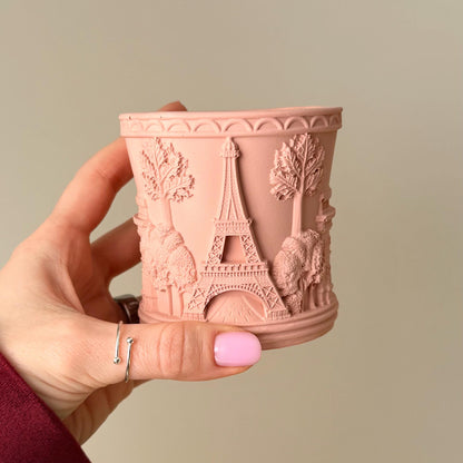 Eiffel Tower Jar Soy Wax Candle Organic Jesmonite Vessel Scented Wood Wick Parisian Chic